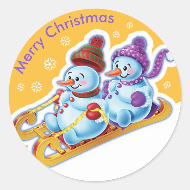 Adesivo Redondo Vestido de Natal Snowmen Esportes de neve. (Frente)