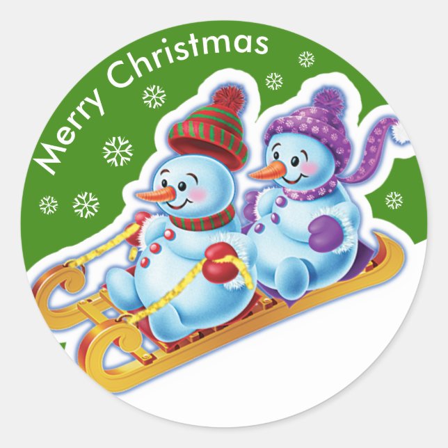 Adesivo Redondo Vestido de Natal Snowmen Esportes de neve. (Frente)