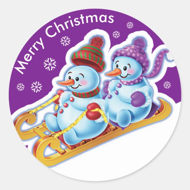 Adesivo Redondo Vestido de Natal Snowmen Esportes de neve. (Frente)