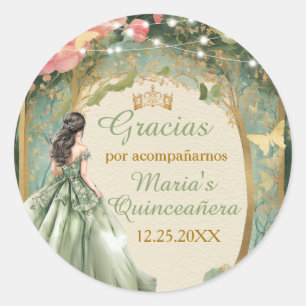 Adesivo Redondo Vestido de Princesa Verde Salvia Floresta Dourada