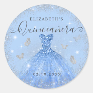 Adesivo Redondo Vestido de Quinceañera Azul Poeirento Prateado Lan