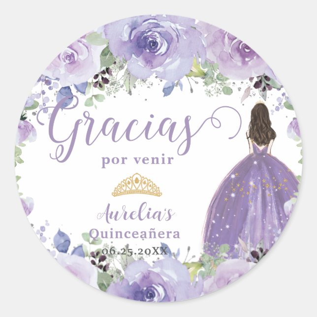 Adesivo Redondo Vestido de Quinceañera Princesa Flor de Lilás Roxo (Frente)