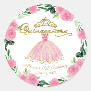 Adesivo Redondo Vestido de Quinceanera Rosa Floral Quente