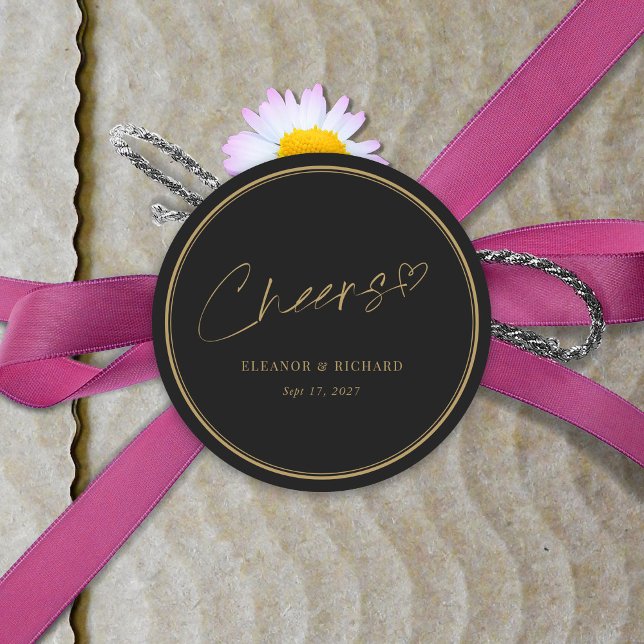 Adesivo Redondo Vestido de Saúde do Casamento - Elegância Preta e  (Wedding Cheers Sticker - Black & Gold Elegance)