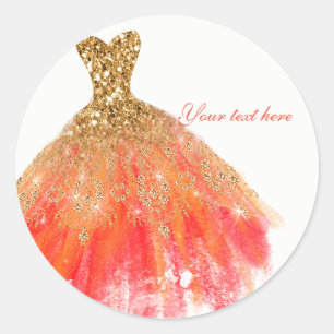 Adesivo Redondo Vestido Laranja Dourado Brilho Glam Favor de Festa