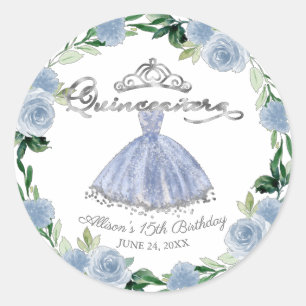 Adesivo Redondo Vestido Prata Azul Claro de Quinceanera Floral