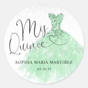 Adesivo Redondo Vestido Prata Verde Salvia Mis Quince Quinceañera