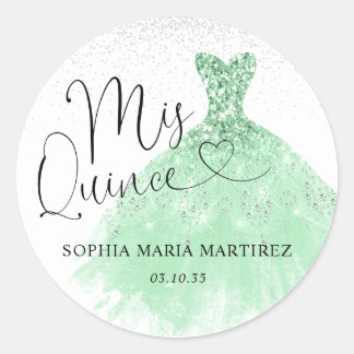 Adesivo Redondo Vestido Prata Verde Salvia Mis Quince Quinceañera