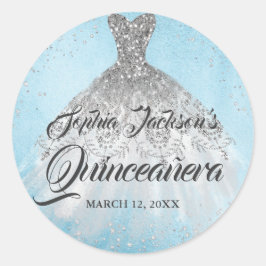 Adesivo Redondo Vestido Quinceanera Brilho Diamante Prata Azul