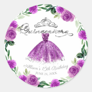 Adesivo Redondo Vestido Roxo Prata Quinceanera Floral