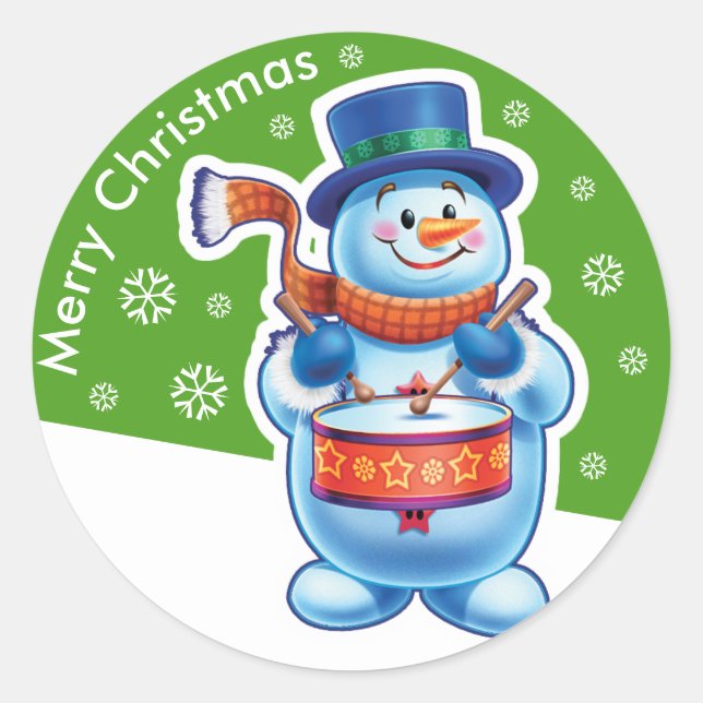 Adesivo Redondo Vestido verde de Natal, baterista Snowman. (Frente)