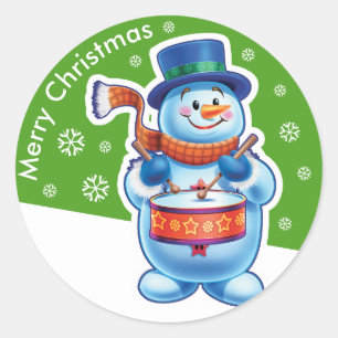 Adesivo Redondo Vestido verde de Natal, baterista Snowman.