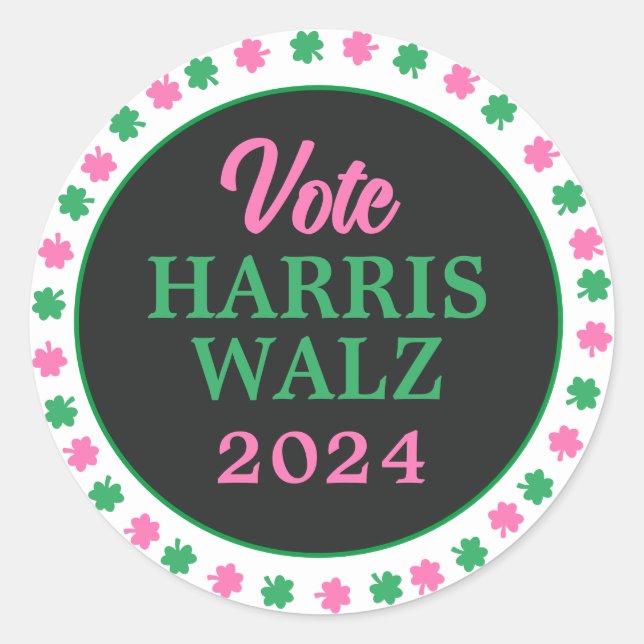 Adesivo Redondo Vestido Verde Rosa 2024 Vote Harris Walz (Frente)