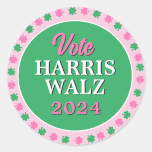 Adesivo Redondo Vestido Verde Rosa 2024 Vote Harris Walz