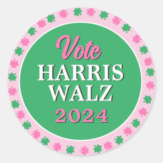Adesivo Redondo Vestido Verde Rosa 2024 Vote Harris Walz