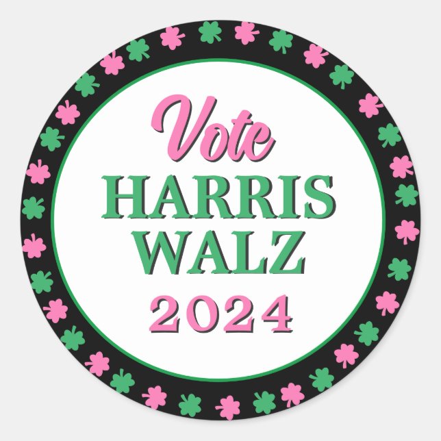 Adesivo Redondo Vestido Verde Rosa 2024 Vote Harris Walz (Frente)