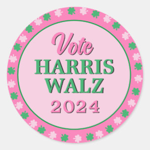 Adesivo Redondo Vestido Verde Rosa 2024 Vote Harris Walz