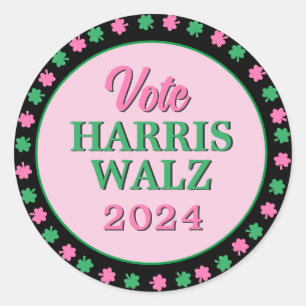 Adesivo Redondo Vestido Verde Rosa 2024 Vote Harris Walz