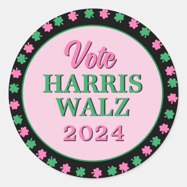 Adesivo Redondo Vestido Verde Rosa 2024 Vote Harris Walz (Frente)