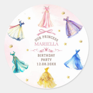 Adesivo Redondo Vestidos de princesa aquarela para aniversário de