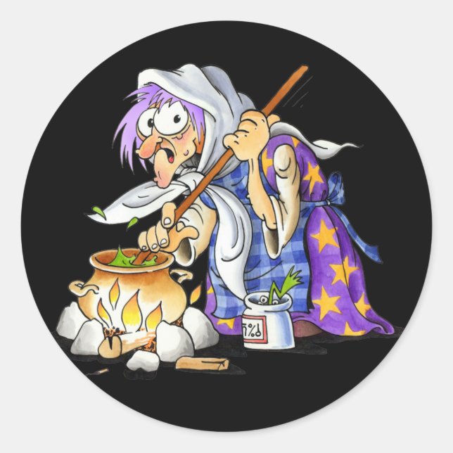 Adesivo Redondo Vestidos Pretos Do Halloween Com Bruxa Roxa (Frente)