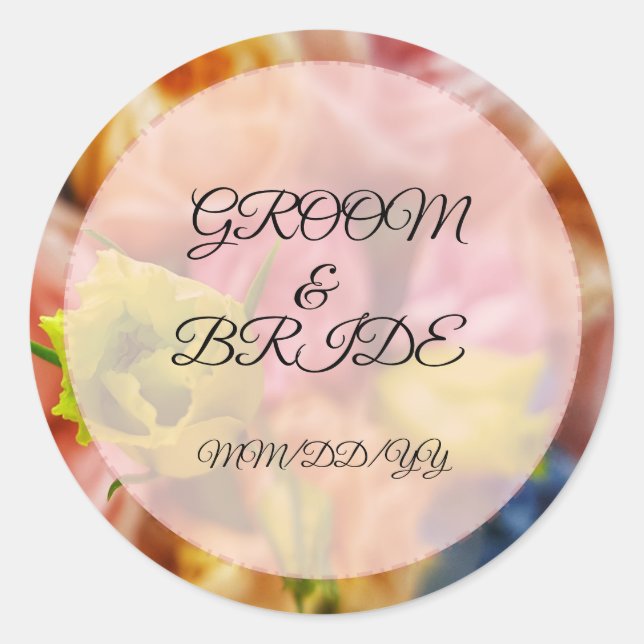 Adesivo Redondo Vestir o casamento. noivo e noivo Texto (Frente)