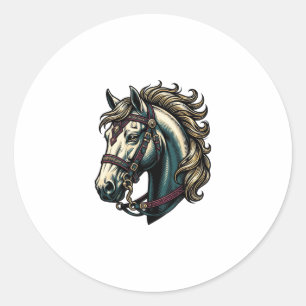 Adesivo Redondo Vetor de Cabeça de Cavalo de Gravura Antiga