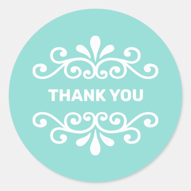 Adesivo Redondo Vetor de Flor Branco sobre Teto Turquesa Obrigado (Frente)