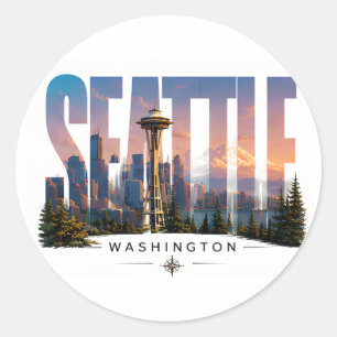 Adesivo Redondo ☕ Viagem a Seattle - Vista da Montanha da Skyline