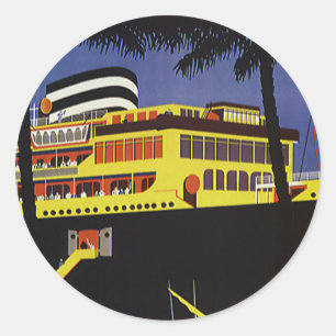 Adesivo Redondo Viagem Antiga, Navio de Cruzeiro Art Déco no Porto