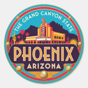 Adesivo Redondo Viagem Retro Capital do Deserto Phoenix Arizona