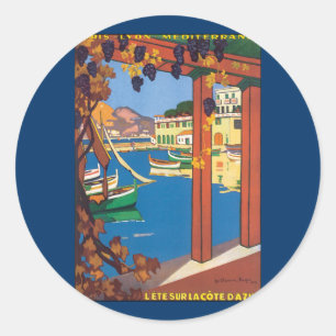 Adesivo Redondo Viagens Antigas, Riviera Francesa Mar Mediterrâneo