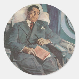 Adesivo Redondo Viagens de Negócios Antigas, Lendo no Avião