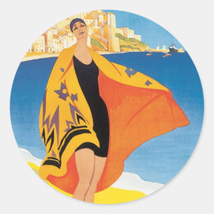 Adesivo Redondo Viagens vintage, Férias de Praia em Calvi, Córse