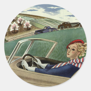 Adesivo Redondo Viagens vintage, mulher elegante no carro