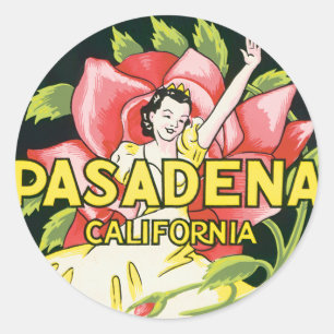 Adesivo Redondo Viagens vintage, Pasadena Califórnia, Senhora e R