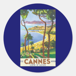 Adesivo Redondo Viagens vintage, Praia em Cannes, França
