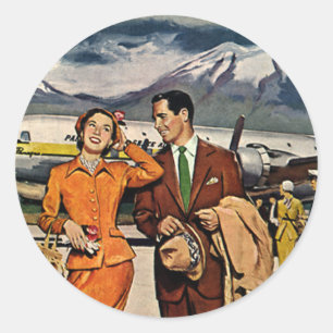 Adesivo Redondo Viagens vintage, turistas no aeroporto de Panagra