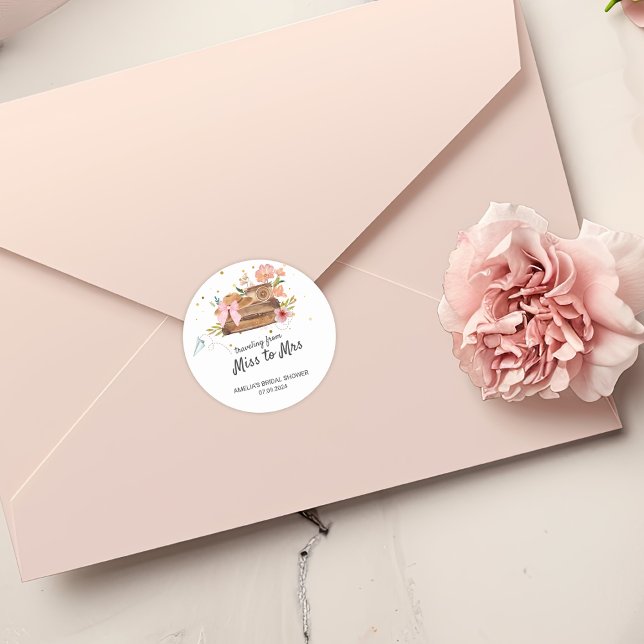 Adesivo Redondo Viajando de Senhorita a Senhora chá de panela retr (Criador carregado)