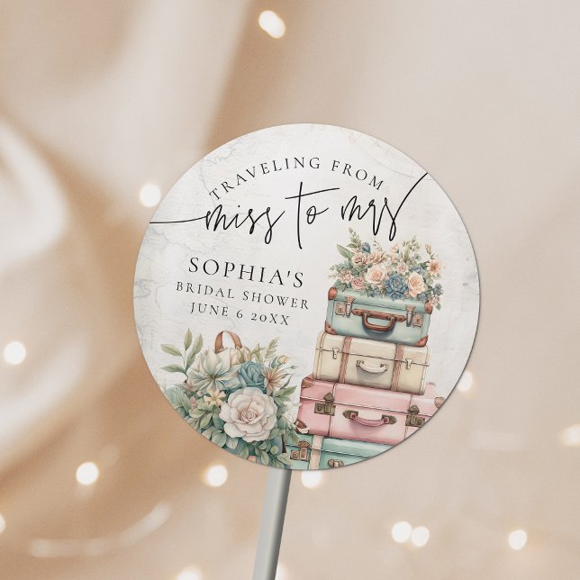 Adesivo Redondo Viajando Miss para a Sra. Vintage Floral Chá de pa (Criador carregado)