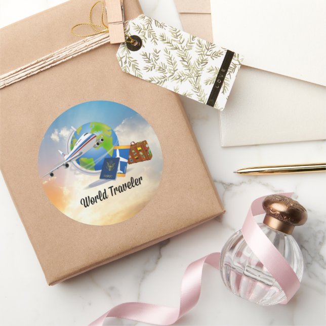 Adesivo Redondo Viajante mundial, Design 2, (Presentear)