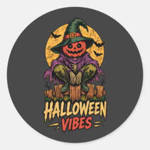 Adesivo Redondo Vibrações de Halloween Abóbora Espantalho Chapéu d