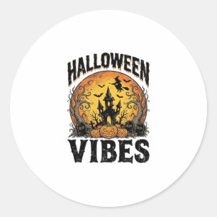 Adesivo Redondo Vibrações de Halloween Camisa Vintage Lua Assombra