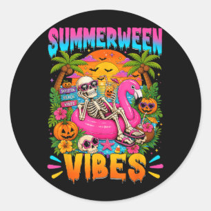 Adesivo Redondo Vibrações de Halloween de Verão Esqueleto de Verão