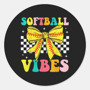 Adesivo Redondo Vibrações de Softball Coquette Bow Dia de Jogo de