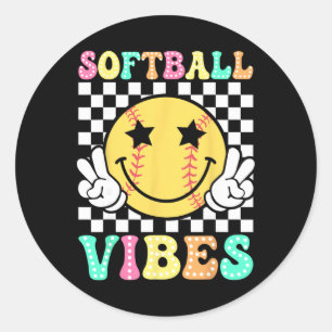 Adesivo Redondo Vibrações de Softball Softball Retro Groovy Dia de