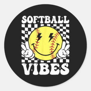 Adesivo Redondo Vibrações de Softball Softball Retro Groovy Dia de