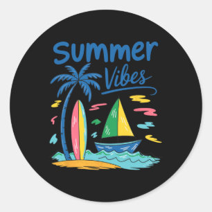 Adesivo Redondo Vibrações de Verão Palmeira Prancha de Surfe Veler