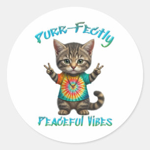 Adesivo Redondo Vibrações Pacíficas de Gatinho Boho Hippie