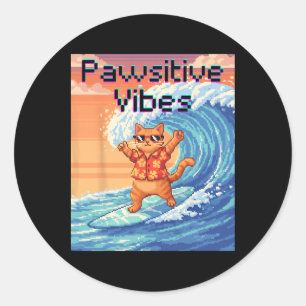 Adesivo Redondo Vibrações Pawsitivas Gato Surfando - Onda de Pixel
